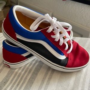 LIKE NEW VANS “OLD SKOOL” RED SUEDE w/blue & black canvas. 6(Junior)/7.5 women’s